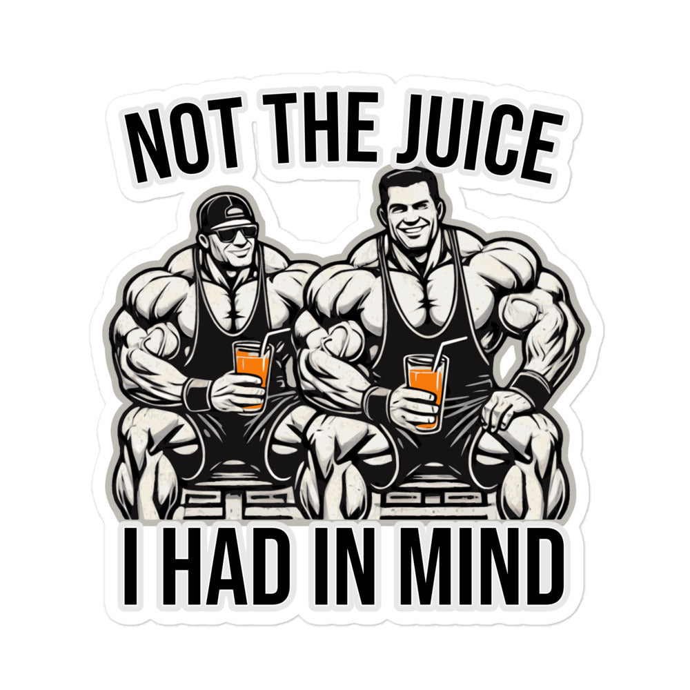 Cartoon of two muscular men sitting and holding glasses of juice. Text above says Not the juice and below I had in mind. Both wear tank tops and sunglasses.