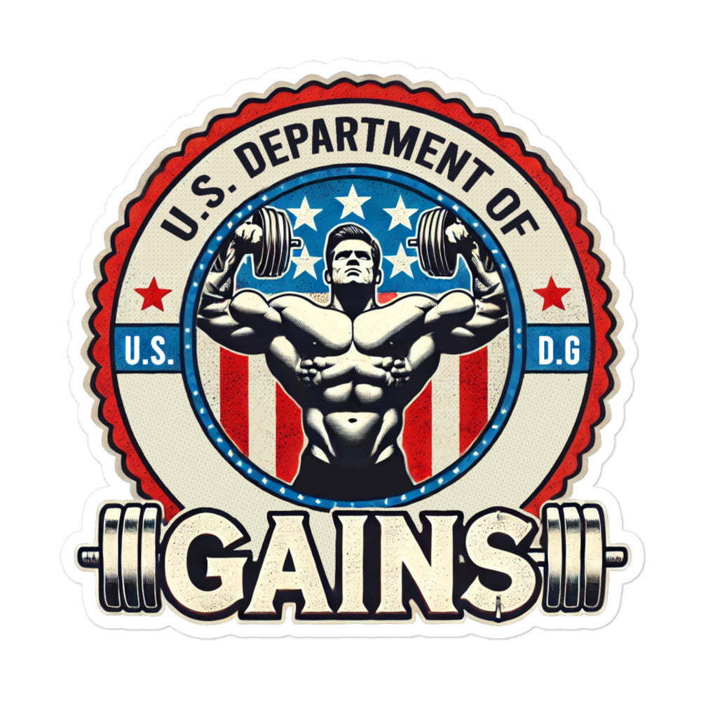 Illustration of a muscular figure lifting dumbbells in front of a circular U.S. flag design. Text reads U.S. Department of Gains with initials U.S. and D.G. on either side. Dumbbells flank the word GAINS.