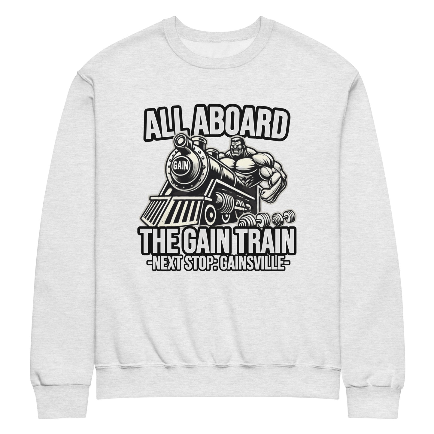 The Bougie Boiz Club Gain Train - Crew Sweatshirt showcases a gym bro flexing on a train labeled GAIN, with the phrase, All Aboard the Gain Train - Next Stop: Gainsville.