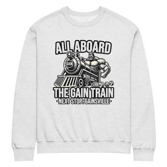 The Bougie Boiz Club Gain Train - Crew Sweatshirt showcases a gym bro flexing on a train labeled GAIN, with the phrase, All Aboard the Gain Train - Next Stop: Gainsville.