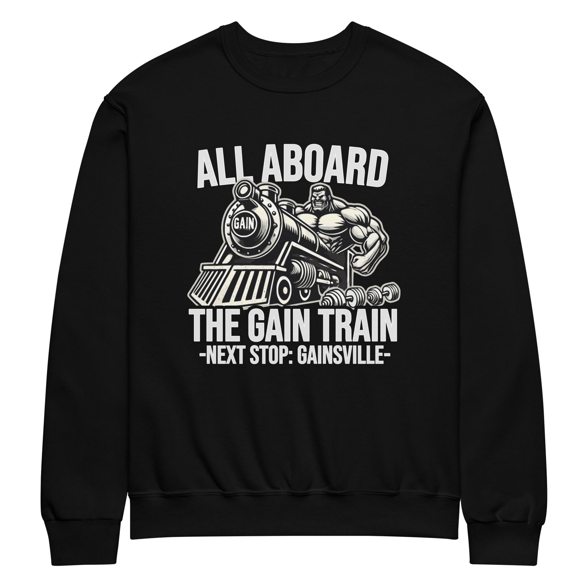 The Bougie Boiz Club Gain Train - Crew Sweatshirt showcases a gym bro flexing on a train labeled GAIN, with the phrase, All Aboard the Gain Train - Next Stop: Gainsville.