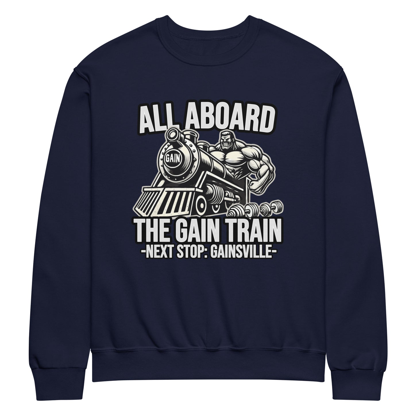 The Bougie Boiz Club Gain Train - Crew Sweatshirt showcases a gym bro flexing on a train labeled GAIN, with the phrase, All Aboard the Gain Train - Next Stop: Gainsville.