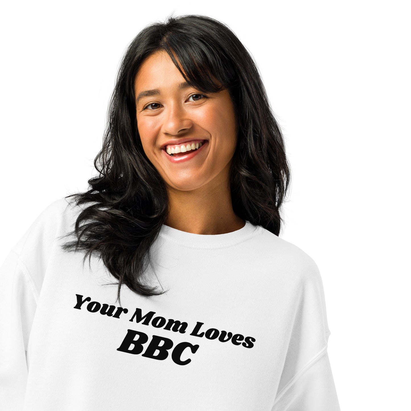 A bearded man with short hair sports the Bougie Boiz Clubs Your Mom Loves BBC light gray sweatshirt. He pairs it with khaki pants and poses against a plain white background.