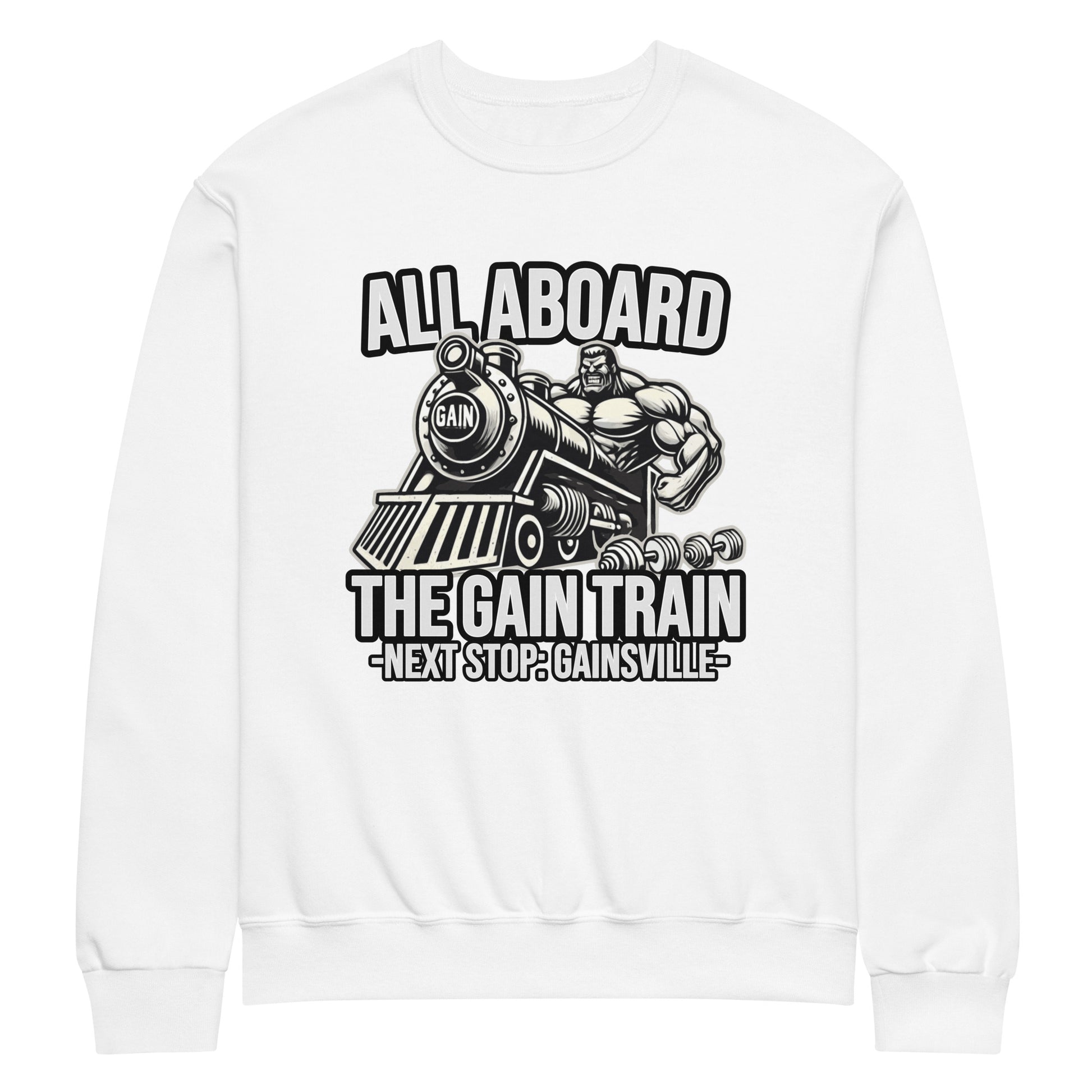 The Bougie Boiz Club Gain Train - Crew Sweatshirt showcases a gym bro flexing on a train labeled GAIN, with the phrase, All Aboard the Gain Train - Next Stop: Gainsville.