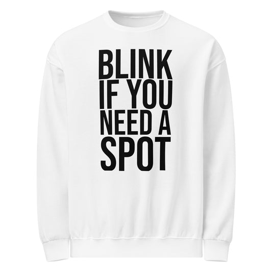 A person confidently wears the cozy Bougie Boiz Club Blink If You Need A Spot Crew Sweatshirt with blue jeans. Theyre smiling with hands in pockets against a white background, radiating comfort.