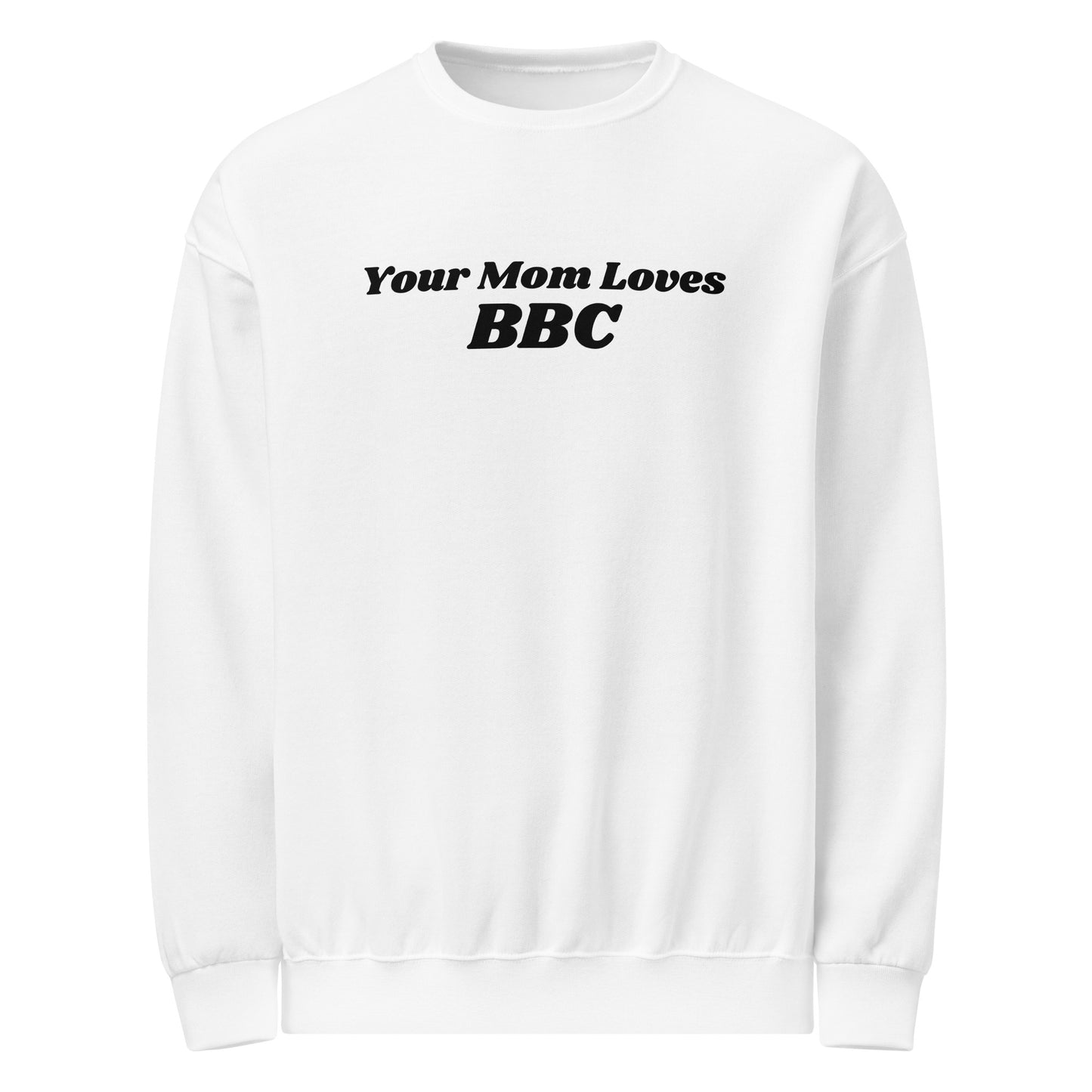 A bearded man with short hair sports the Bougie Boiz Clubs Your Mom Loves BBC light gray sweatshirt. He pairs it with khaki pants and poses against a plain white background.