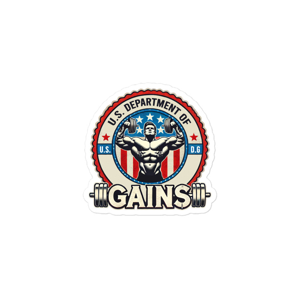 The Bougie Boiz Clubs U.S. Department of Gains sticker features a muscular figure lifting dumbbells, encircled by stars and stripes, in a patriotic red, white, and blue theme. Perfect for gym lockers, its weatherproof to withstand the elements.