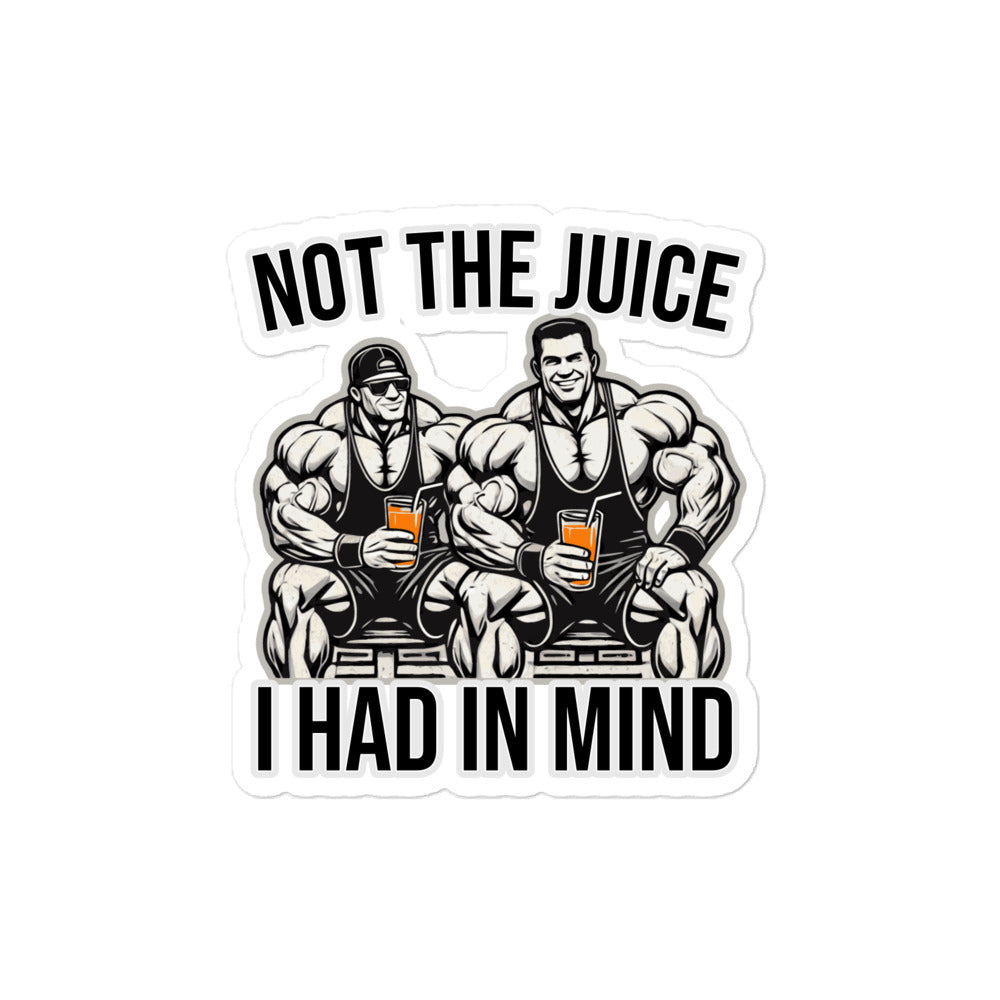 The Bougie Boiz Club presents the Not The Juice sticker featuring a vibrant cartoon of two muscular men holding juice glasses. With NOT THE JUICE I HAD IN MIND text, this vinyl design offers bubble-free application and durability for fun decoration.