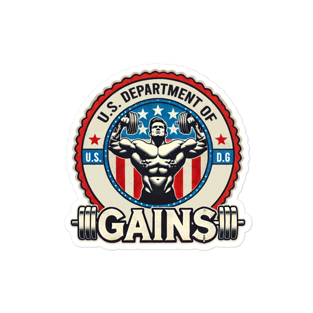 The Bougie Boiz Clubs U.S. Department of Gains sticker features a muscular figure lifting dumbbells, encircled by stars and stripes, in a patriotic red, white, and blue theme. Perfect for gym lockers, its weatherproof to withstand the elements.