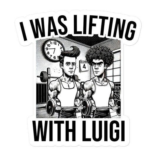 Two cartoon characters lift dumbbells in a gym, surrounded by accessories, with a clock at 12:00 and a December 4th calendar. The durable black-and-white design for Lifting With Luigi is part of the Bougie Boiz Clubs sticker collection.