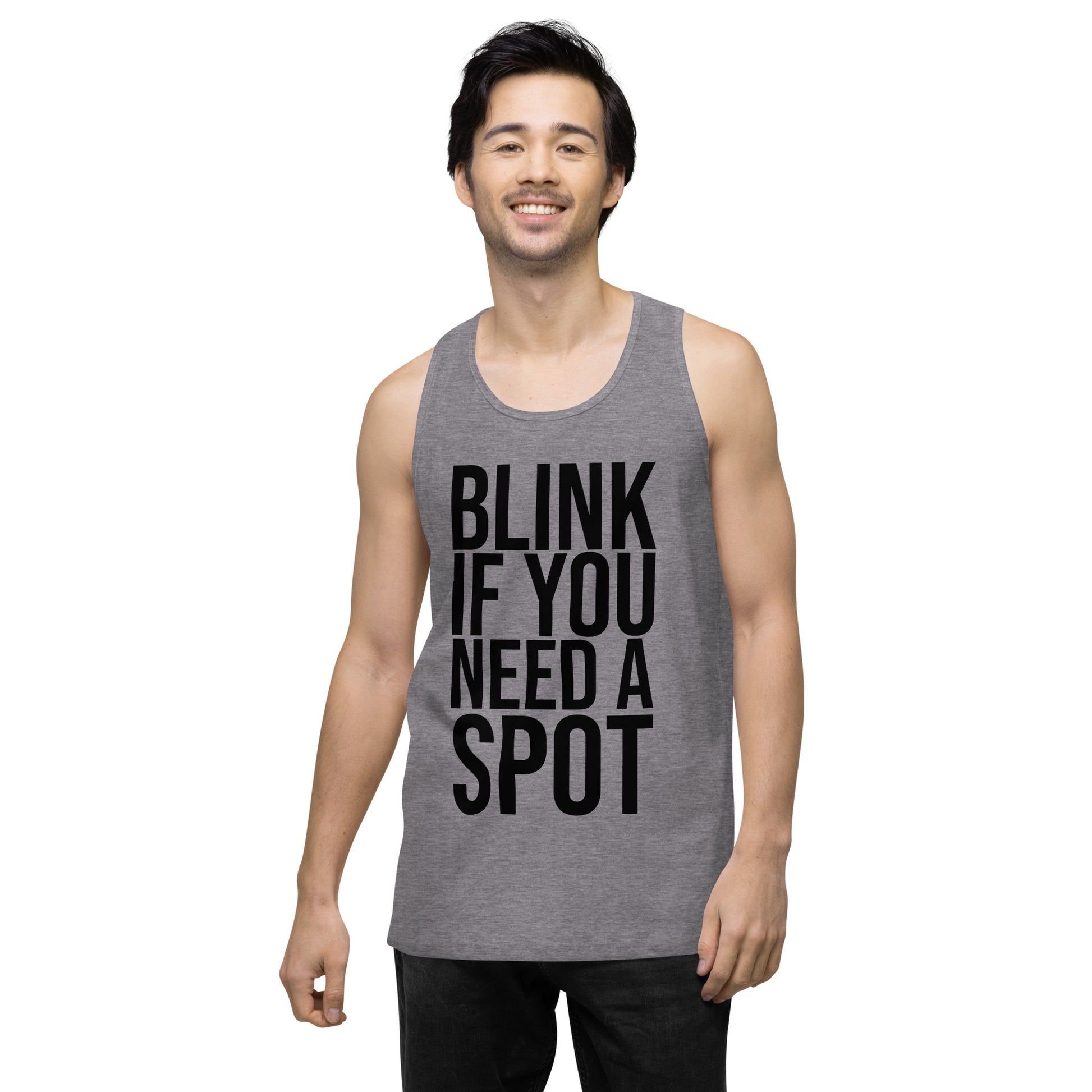 The Bougie Boiz Clubs olive gym tank top displays BLINK IF YOU NEED A SPOT in bold black text, blending workout humor with style and functionality. Made from breathable fabric, its perfect for your exercise routine.