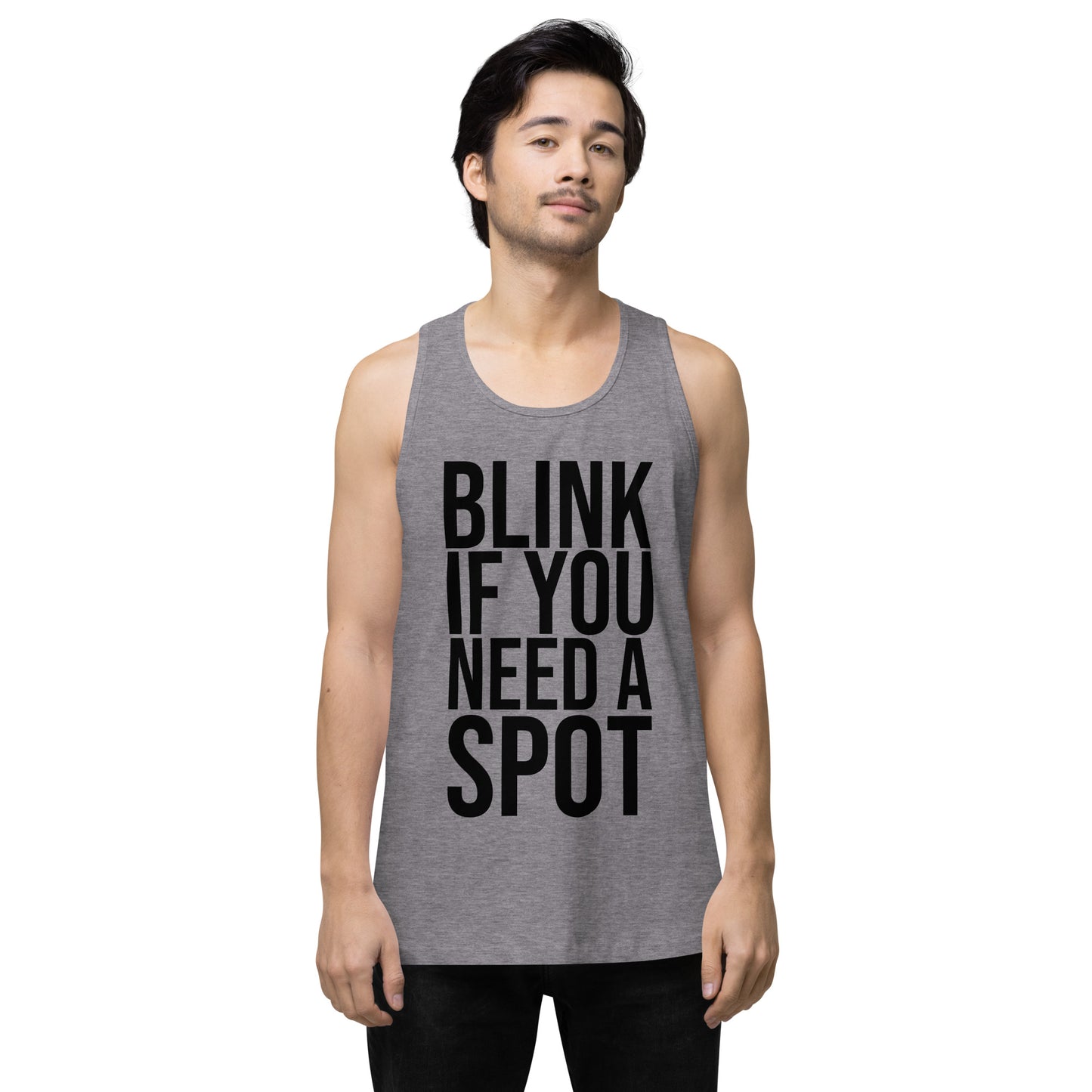 The Bougie Boiz Clubs olive gym tank top displays BLINK IF YOU NEED A SPOT in bold black text, blending workout humor with style and functionality. Made from breathable fabric, its perfect for your exercise routine.