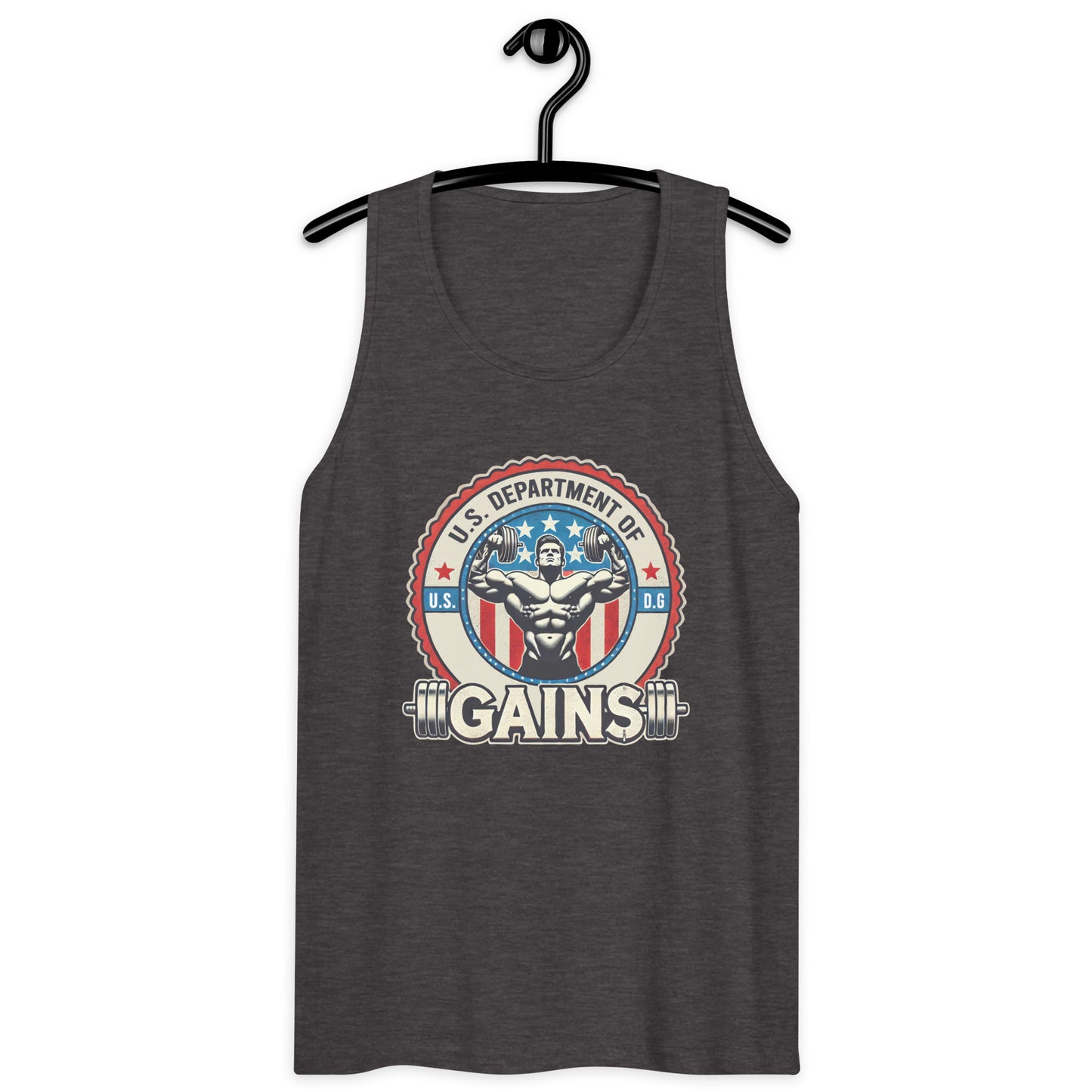 A person confidently poses in a U.S. Department of Gains tank top by Bougie Boiz Club, featuring weights and an emblem. With short curly hair and blue jeans, they stand against a plain white background. The attire showcases their gym hero style.