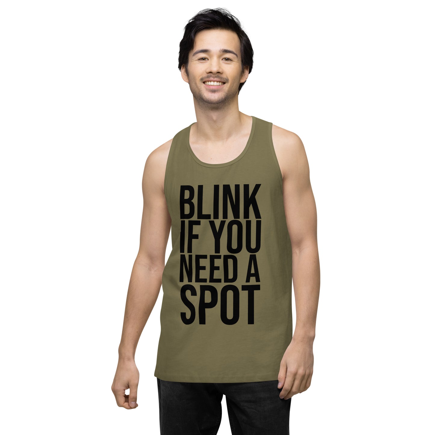 The Bougie Boiz Clubs olive gym tank top displays BLINK IF YOU NEED A SPOT in bold black text, blending workout humor with style and functionality. Made from breathable fabric, its perfect for your exercise routine.