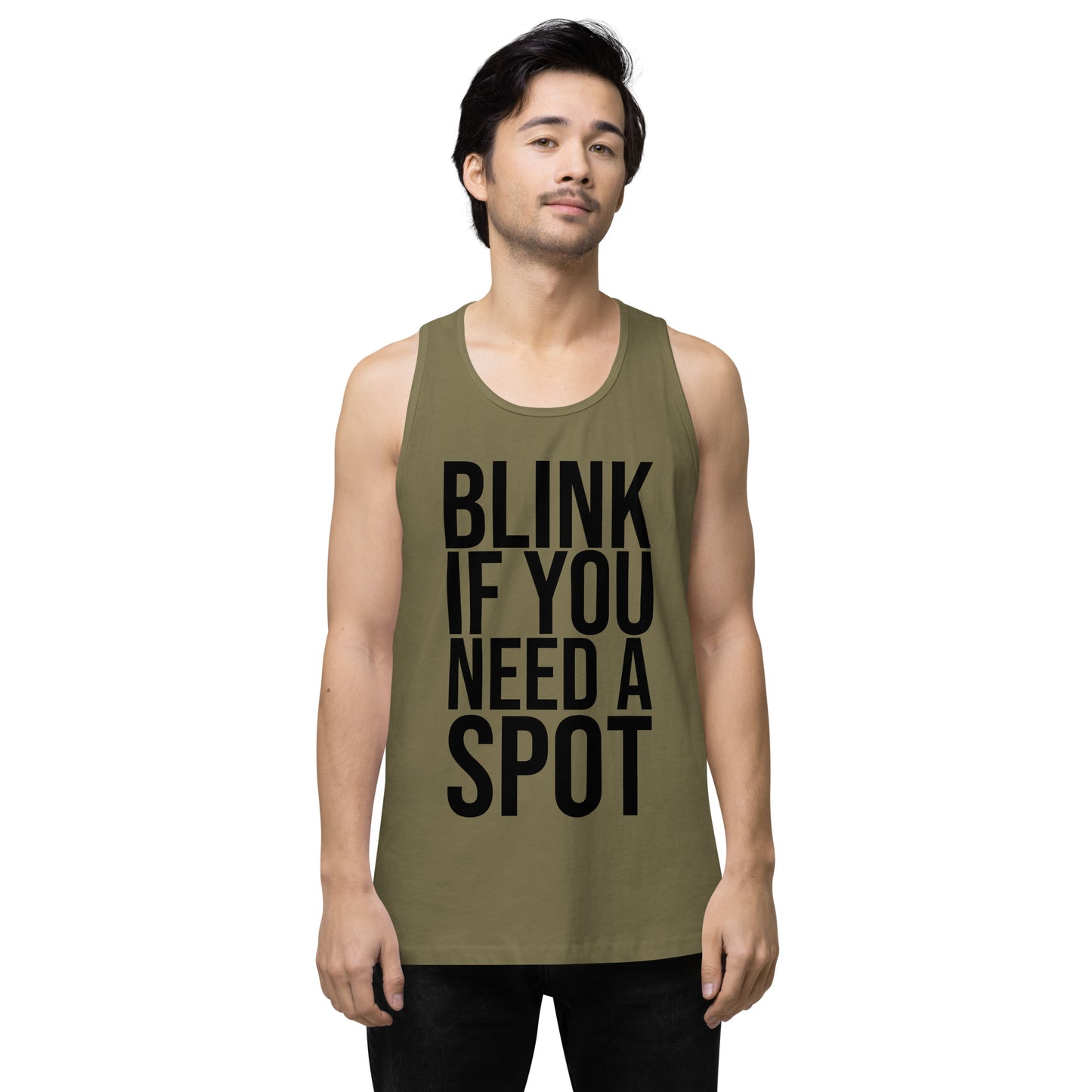 The Bougie Boiz Clubs olive gym tank top displays BLINK IF YOU NEED A SPOT in bold black text, blending workout humor with style and functionality. Made from breathable fabric, its perfect for your exercise routine.