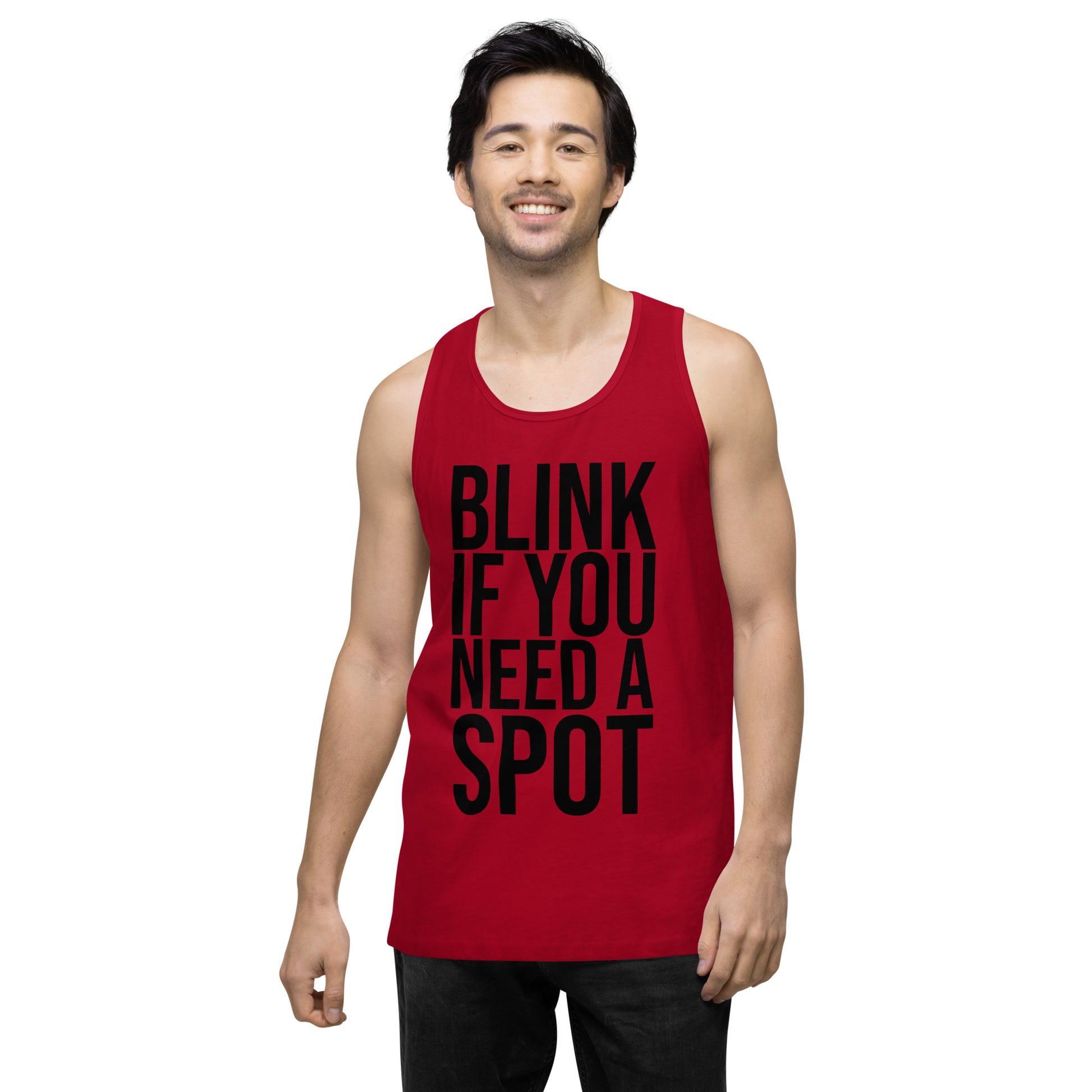 The Bougie Boiz Clubs olive gym tank top displays BLINK IF YOU NEED A SPOT in bold black text, blending workout humor with style and functionality. Made from breathable fabric, its perfect for your exercise routine.