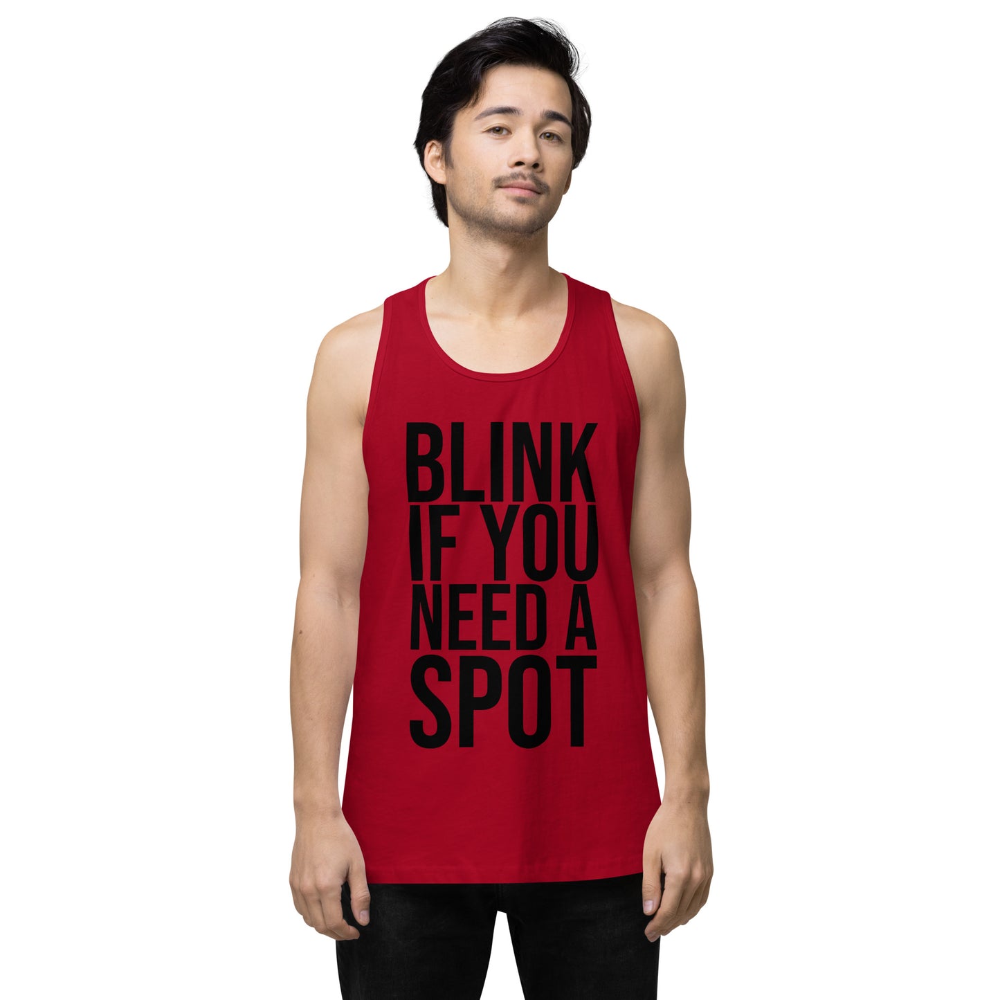 The Bougie Boiz Clubs olive gym tank top displays BLINK IF YOU NEED A SPOT in bold black text, blending workout humor with style and functionality. Made from breathable fabric, its perfect for your exercise routine.