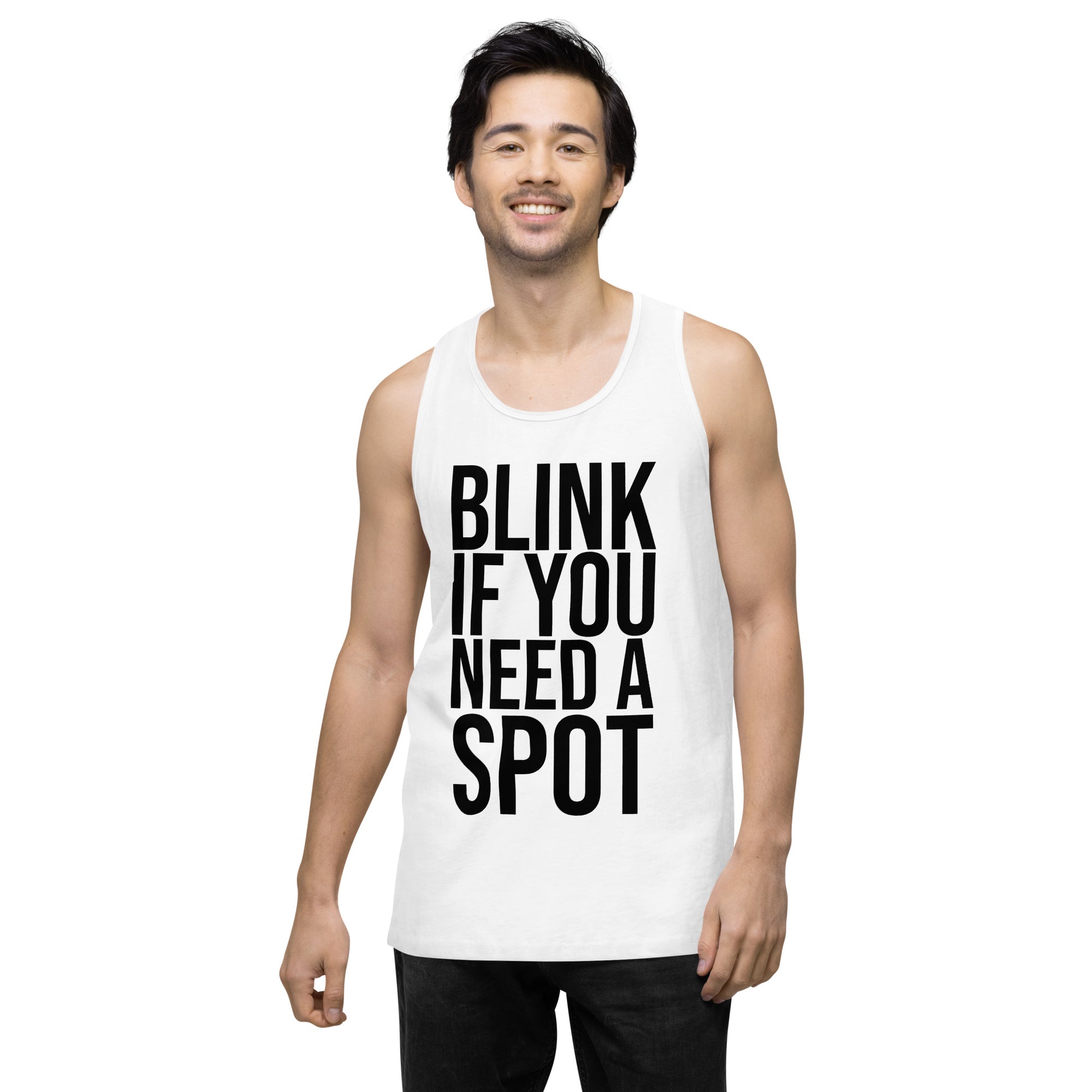 The Bougie Boiz Clubs olive gym tank top displays BLINK IF YOU NEED A SPOT in bold black text, blending workout humor with style and functionality. Made from breathable fabric, its perfect for your exercise routine.