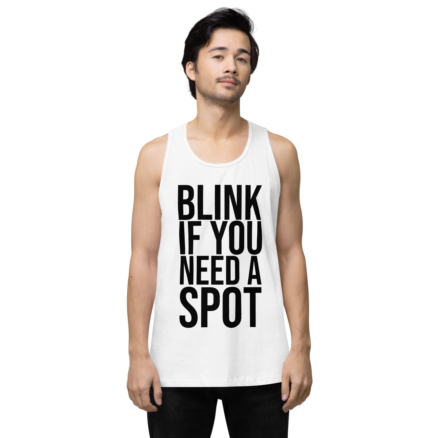 The Bougie Boiz Clubs olive gym tank top displays BLINK IF YOU NEED A SPOT in bold black text, blending workout humor with style and functionality. Made from breathable fabric, its perfect for your exercise routine.