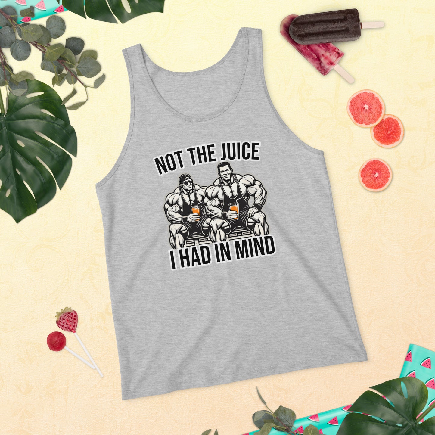 The Not The Juice - Mens Tank by Bougie Boiz Club is a lightweight, breathable black top with muscular figures holding juice glasses, text saying Not the juice I had in mind, and decorative leaves, ice cream, and grapefruit slices—ideal for fans of gym humor.