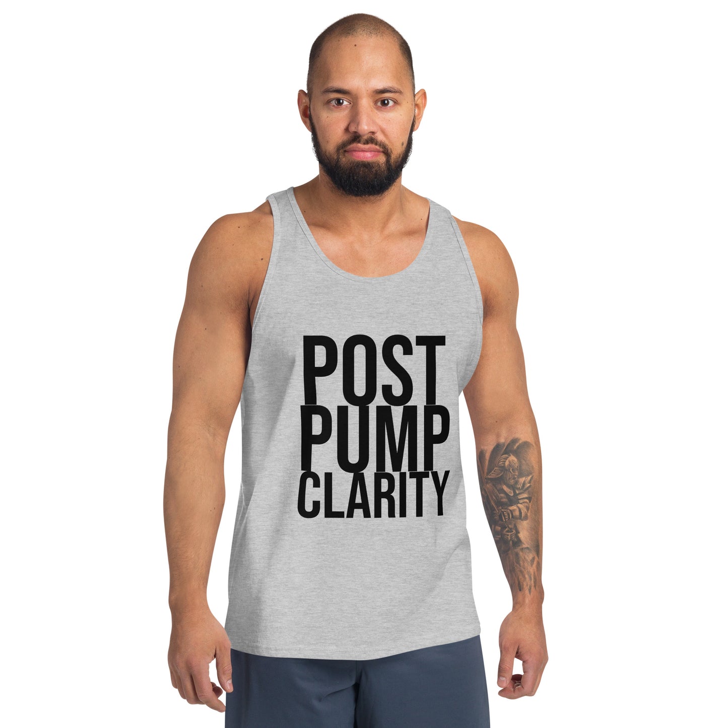 The Bougie Boiz Clubs Post Pump Clarity red tank top features bold black text and is laid flat, embodying gym vibes. Its surrounded by a popsicle, sliced citrus fruits, and leaves against a bright, summery background.