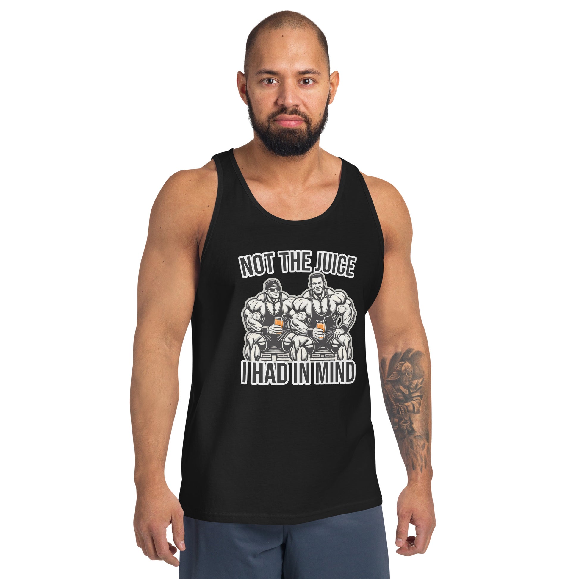 The Not The Juice - Mens Tank by Bougie Boiz Club is a lightweight, breathable black top with muscular figures holding juice glasses, text saying Not the juice I had in mind, and decorative leaves, ice cream, and grapefruit slices—ideal for fans of gym humor.