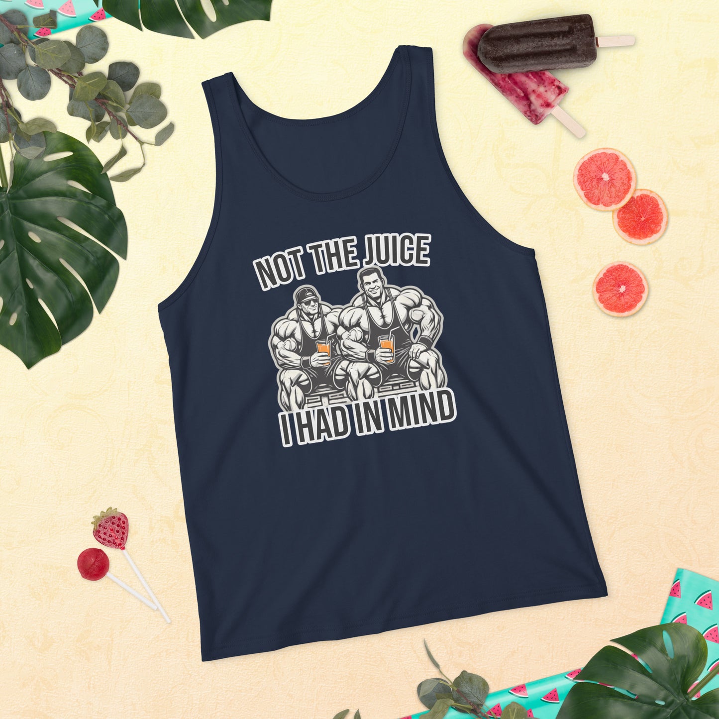 The Not The Juice - Mens Tank by Bougie Boiz Club is a lightweight, breathable black top with muscular figures holding juice glasses, text saying Not the juice I had in mind, and decorative leaves, ice cream, and grapefruit slices—ideal for fans of gym humor.