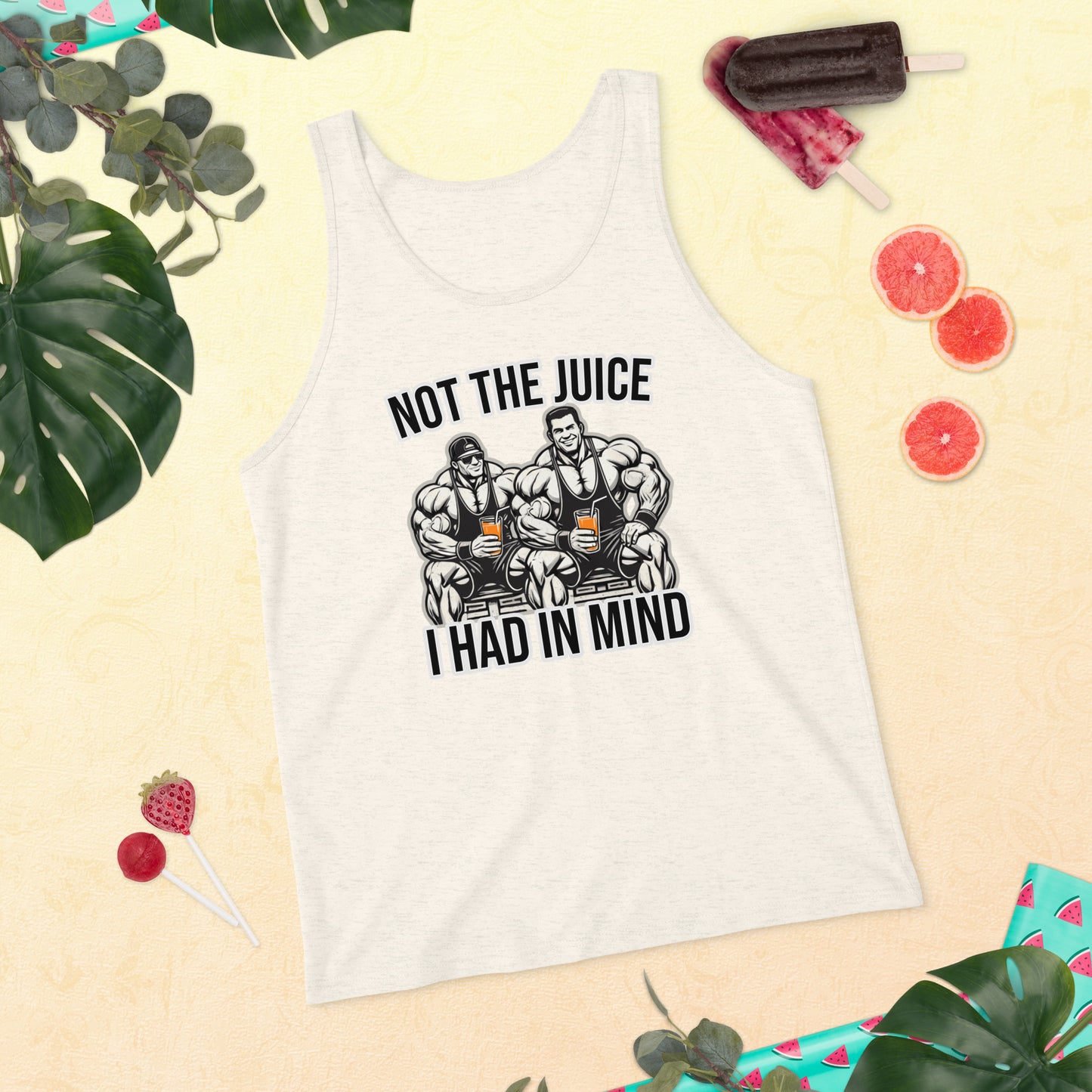 The Not The Juice - Mens Tank by Bougie Boiz Club is a lightweight, breathable black top with muscular figures holding juice glasses, text saying Not the juice I had in mind, and decorative leaves, ice cream, and grapefruit slices—ideal for fans of gym humor.