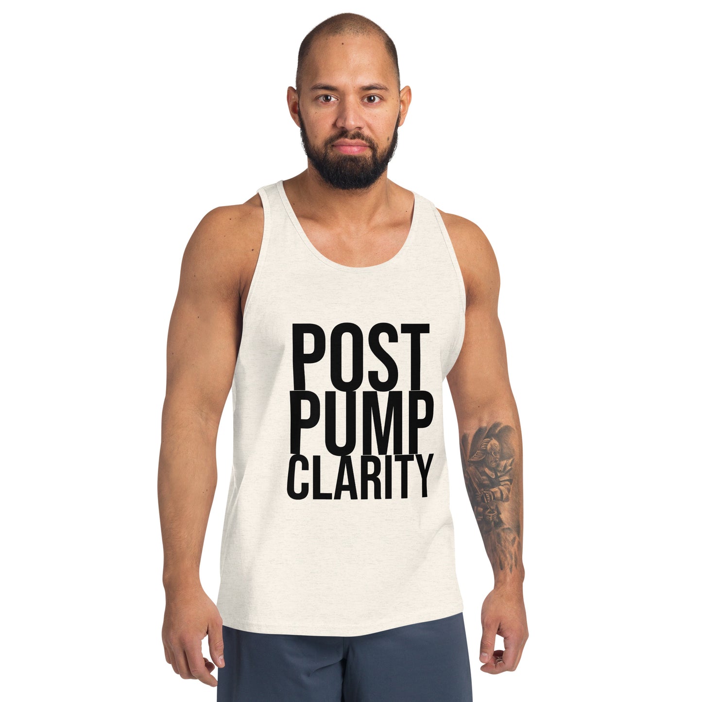 The Bougie Boiz Clubs Post Pump Clarity red tank top features bold black text and is laid flat, embodying gym vibes. Its surrounded by a popsicle, sliced citrus fruits, and leaves against a bright, summery background.