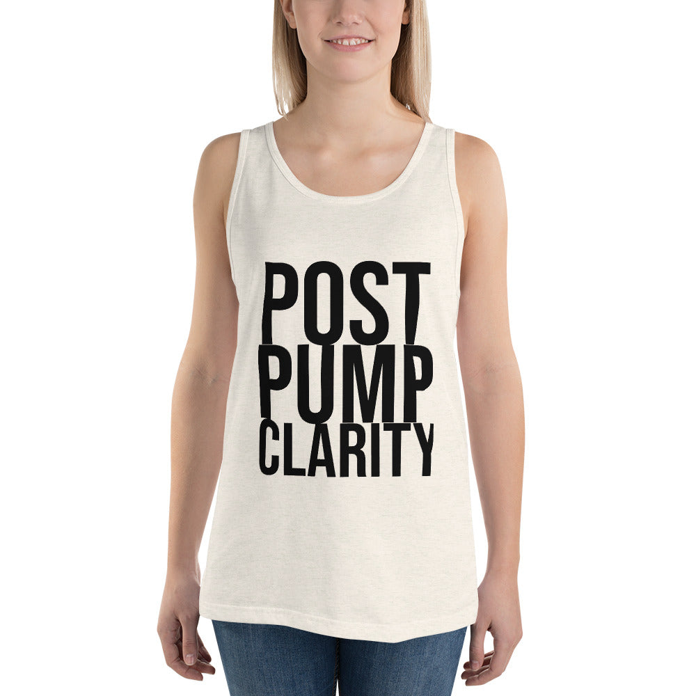 The Bougie Boiz Clubs Post Pump Clarity red tank top features bold black text and is laid flat, embodying gym vibes. Its surrounded by a popsicle, sliced citrus fruits, and leaves against a bright, summery background.