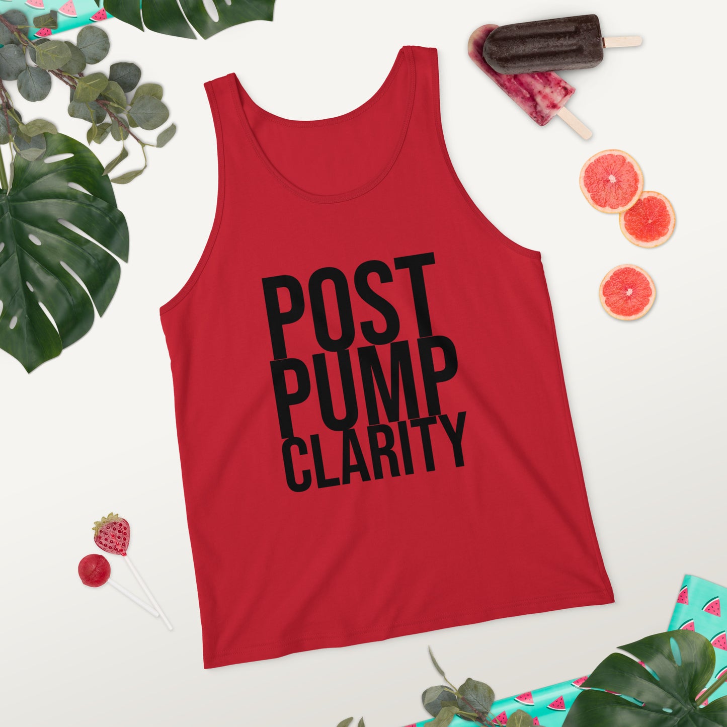 The Bougie Boiz Clubs Post Pump Clarity red tank top features bold black text and is laid flat, embodying gym vibes. Its surrounded by a popsicle, sliced citrus fruits, and leaves against a bright, summery background.