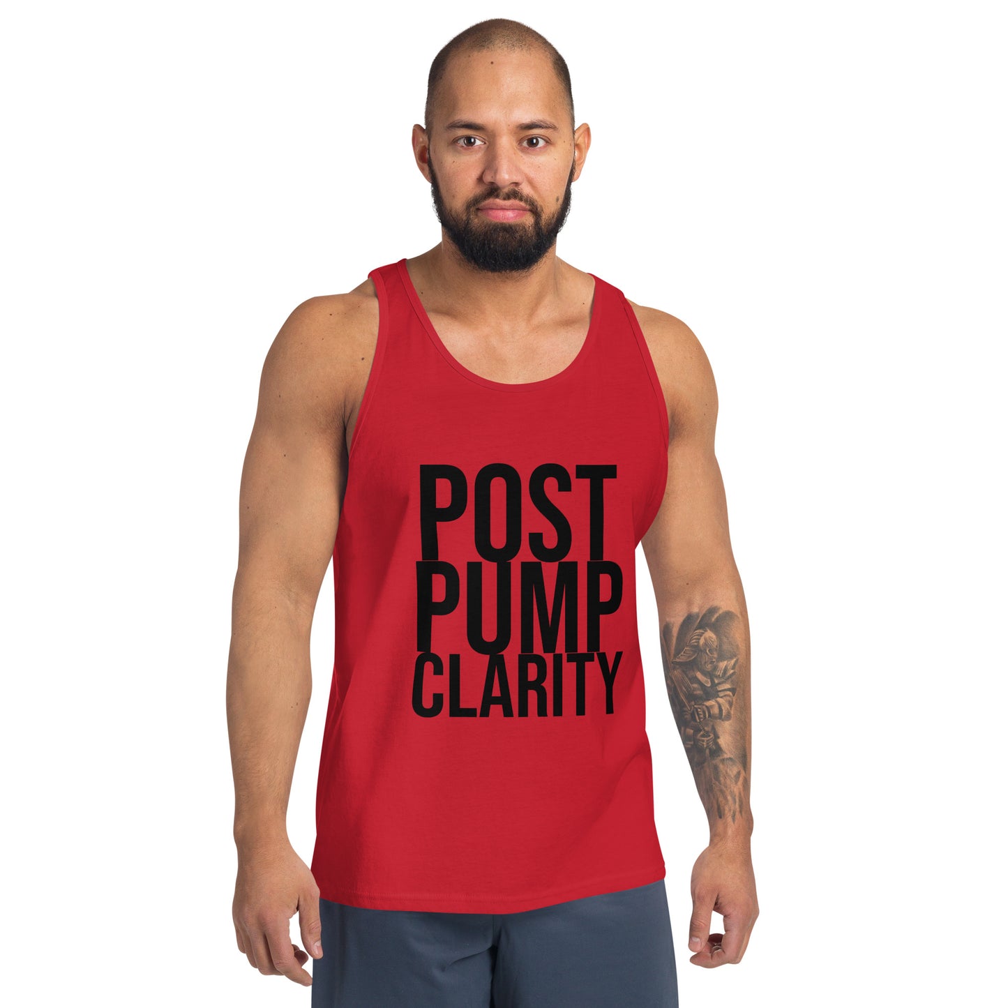 The Bougie Boiz Clubs Post Pump Clarity red tank top features bold black text and is laid flat, embodying gym vibes. Its surrounded by a popsicle, sliced citrus fruits, and leaves against a bright, summery background.