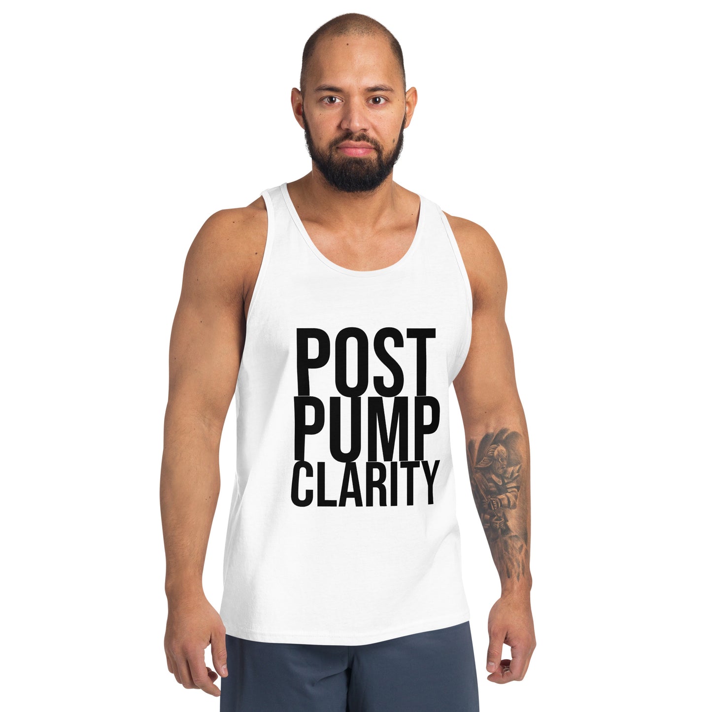 The Bougie Boiz Clubs Post Pump Clarity red tank top features bold black text and is laid flat, embodying gym vibes. Its surrounded by a popsicle, sliced citrus fruits, and leaves against a bright, summery background.