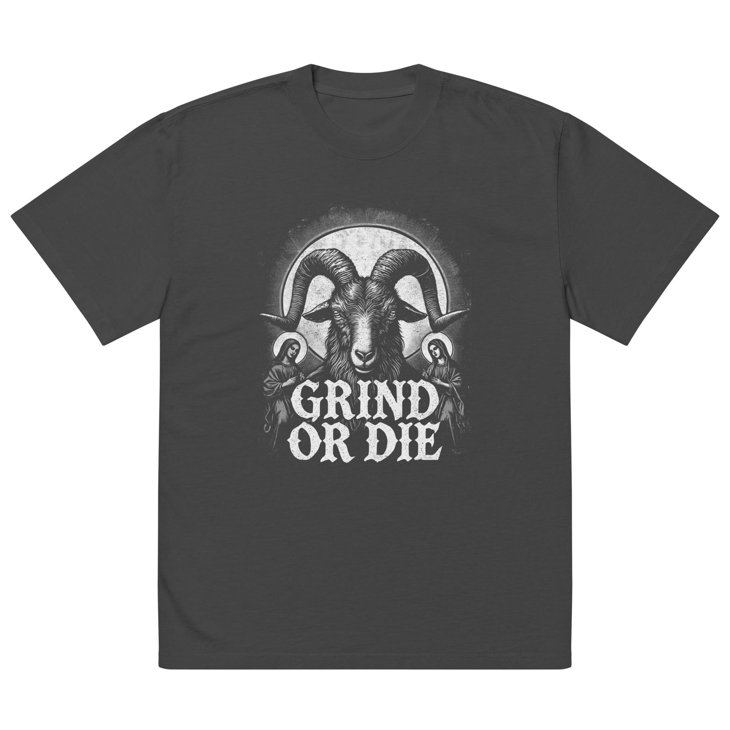 The Bougie Boiz Clubs Grind Or Die Oversized Faded T-shirt offers a gym-perfect dark gray design, featuring a central ram illustration with large horns and bold white GRIND OR DIE text in a rugged, emblematic style.