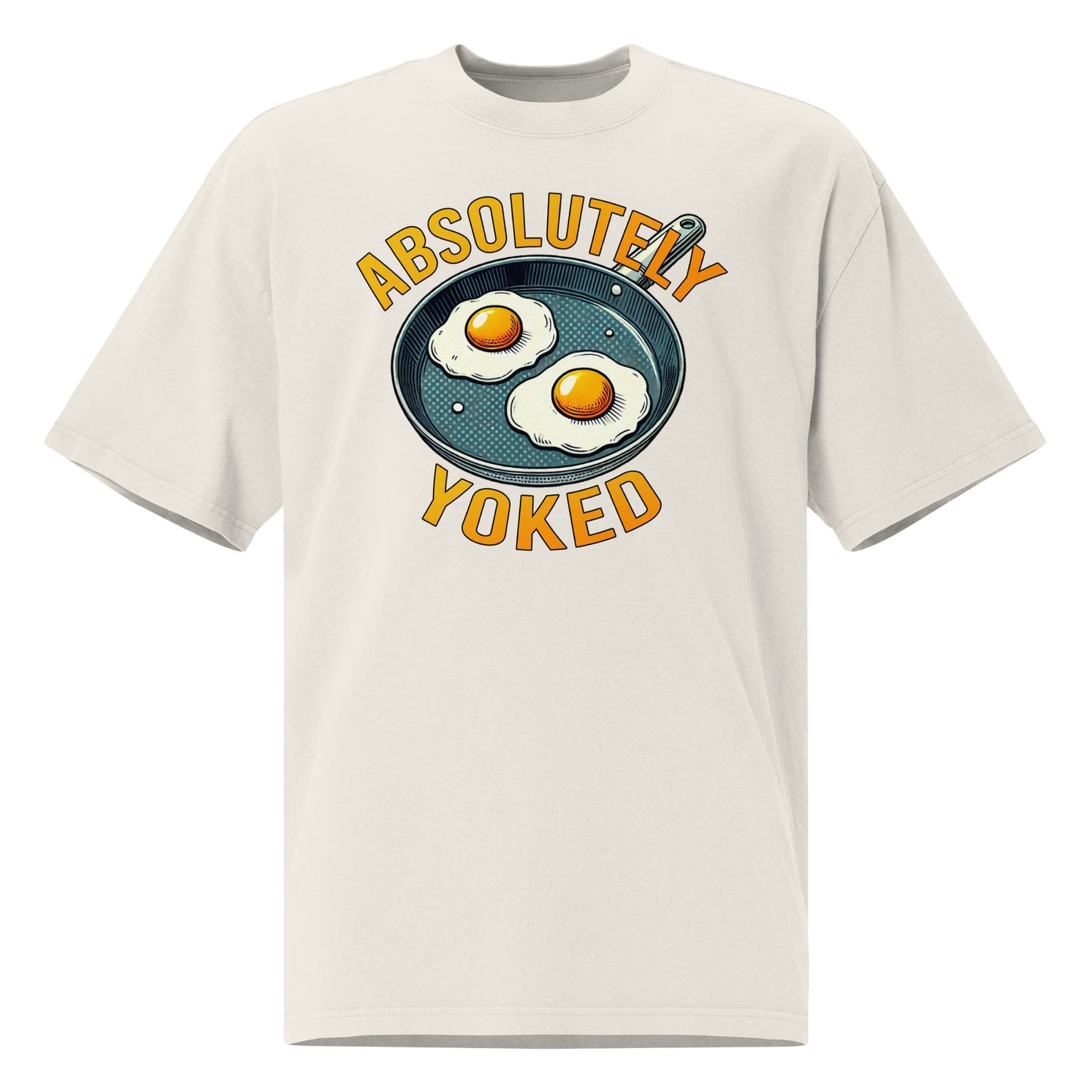 The Bougie Boiz Clubs Absolutely Yoked oversized faded dark gray T-shirt features a graphic of two sunny-side-up eggs in a pan, with bold yellow text above and below reading ABSOLUTELY YOKED, perfect for gym lifters.