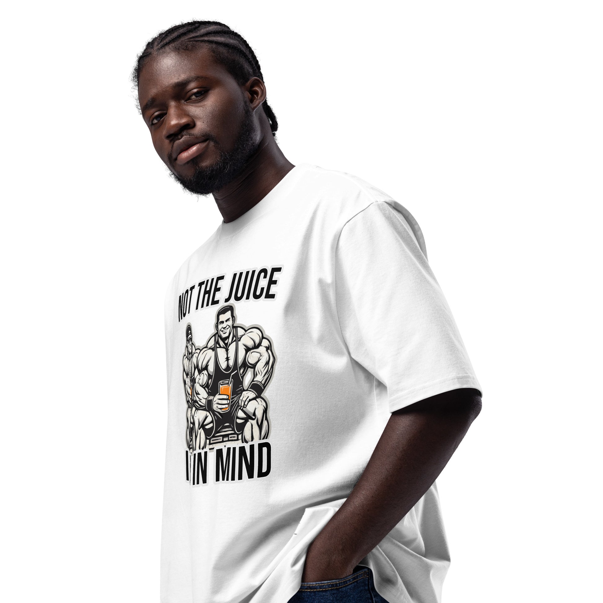 A man with braided hair and a beard models the Bougie Boiz Clubs Not The Juice - Oversized Heavyweight T-shirt, featuring a muscular figure holding a drink and the phrase Not the Juice Im Mind. He stands with one hand in his pocket, exuding unisex style while gazing at the camera.