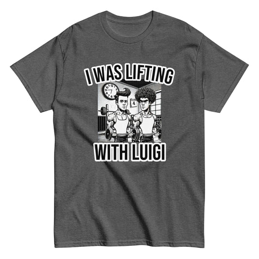 The Lifting With Luigi Unisex T-Shirt from Bougie Boiz Club has a comic-style design of two muscular characters weightlifting, with one saying, I WAS LIFTING WITH LUIGI. A clock and gym equipment are in the background. This standout t-shirt adds fun and style to any workout with your gym buddy.