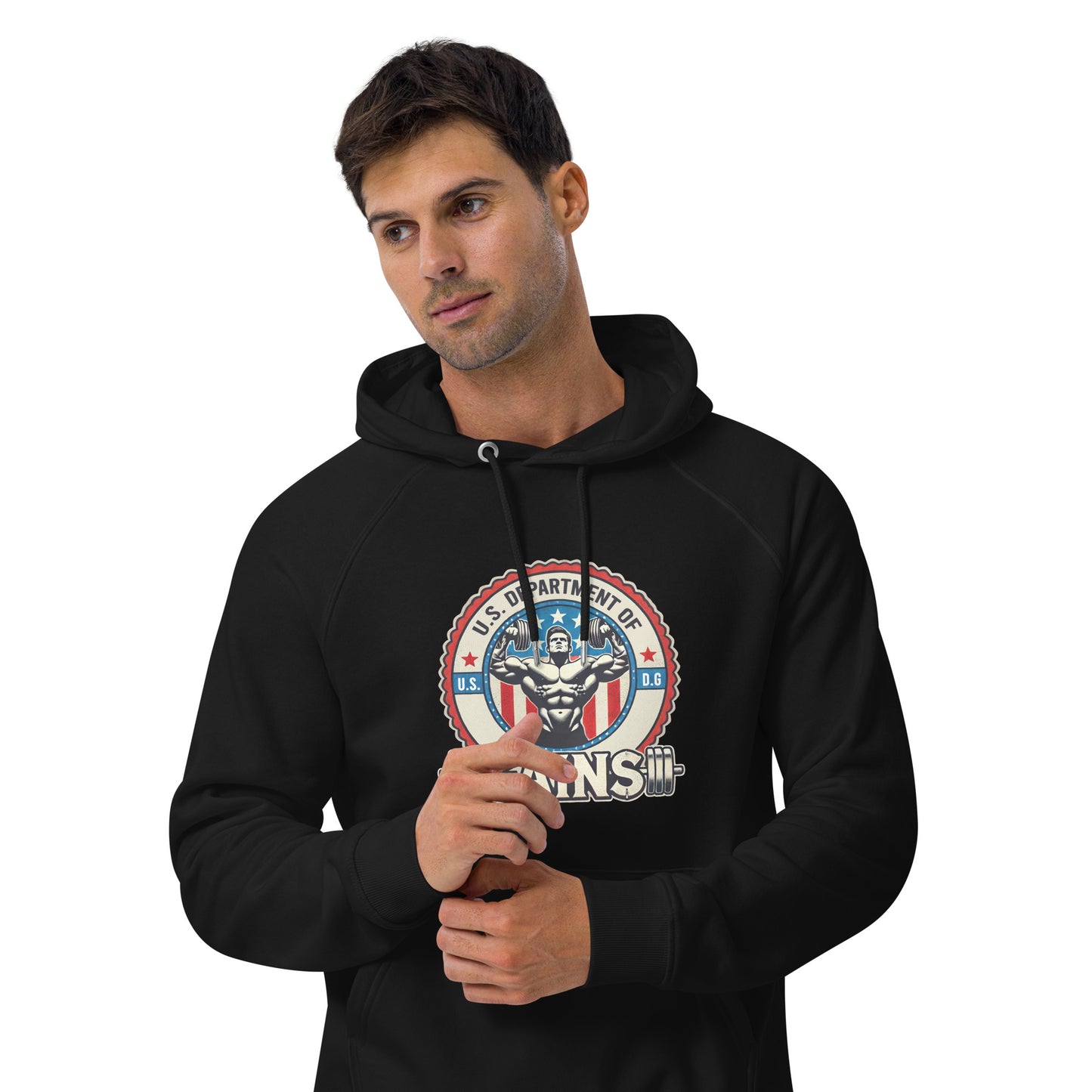 Bougie Boiz Clubs U.S. Department of Gains Unisex Raglan Hoodie features a dark gray oversized design with a muscular figure and barbell encircled by an emblem, the text U.S. Department of Gains on a USA flag motif, offering ultimate comfort for true patriots of the pump.