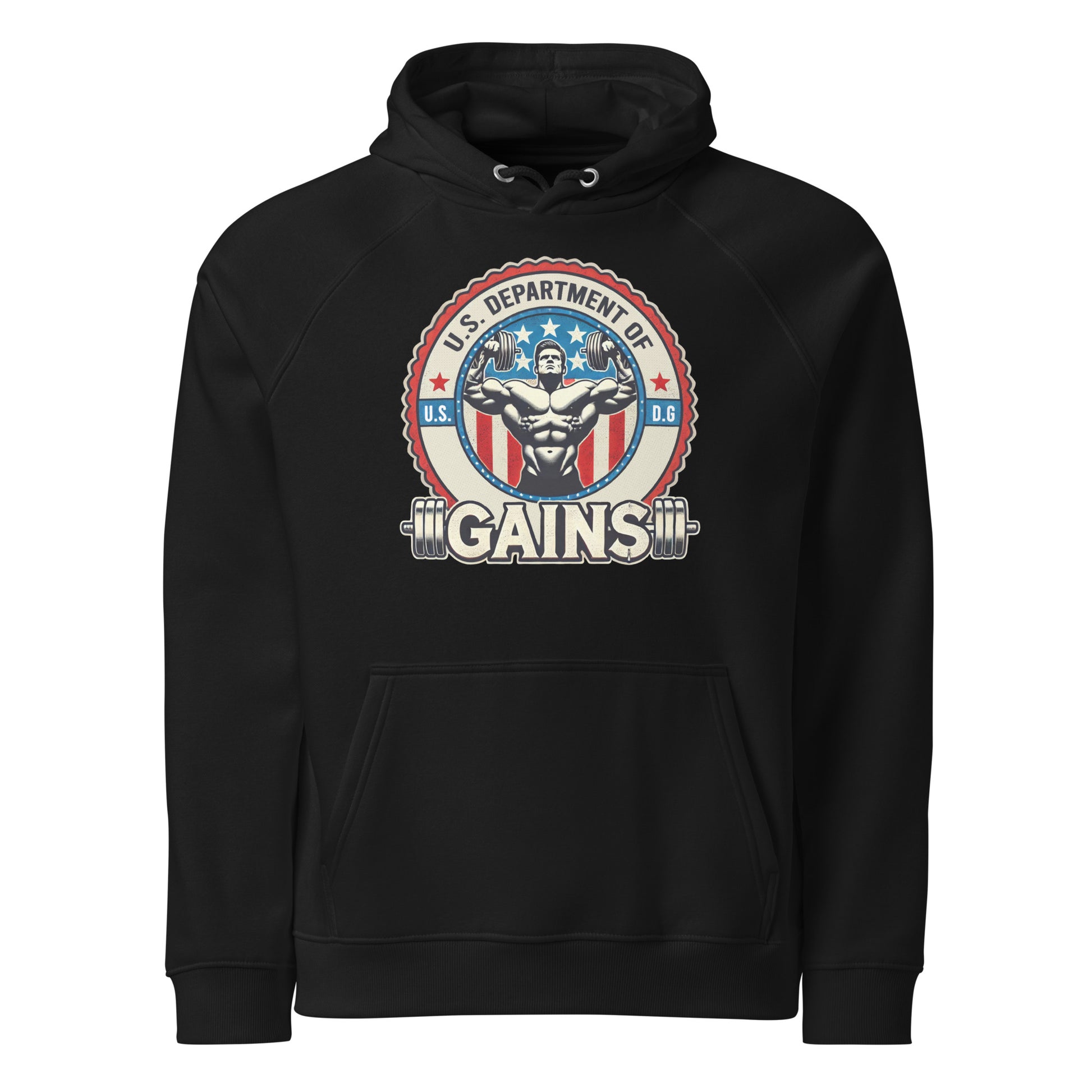 Bougie Boiz Clubs U.S. Department of Gains Unisex Raglan Hoodie features a dark gray oversized design with a muscular figure and barbell encircled by an emblem, the text U.S. Department of Gains on a USA flag motif, offering ultimate comfort for true patriots of the pump.