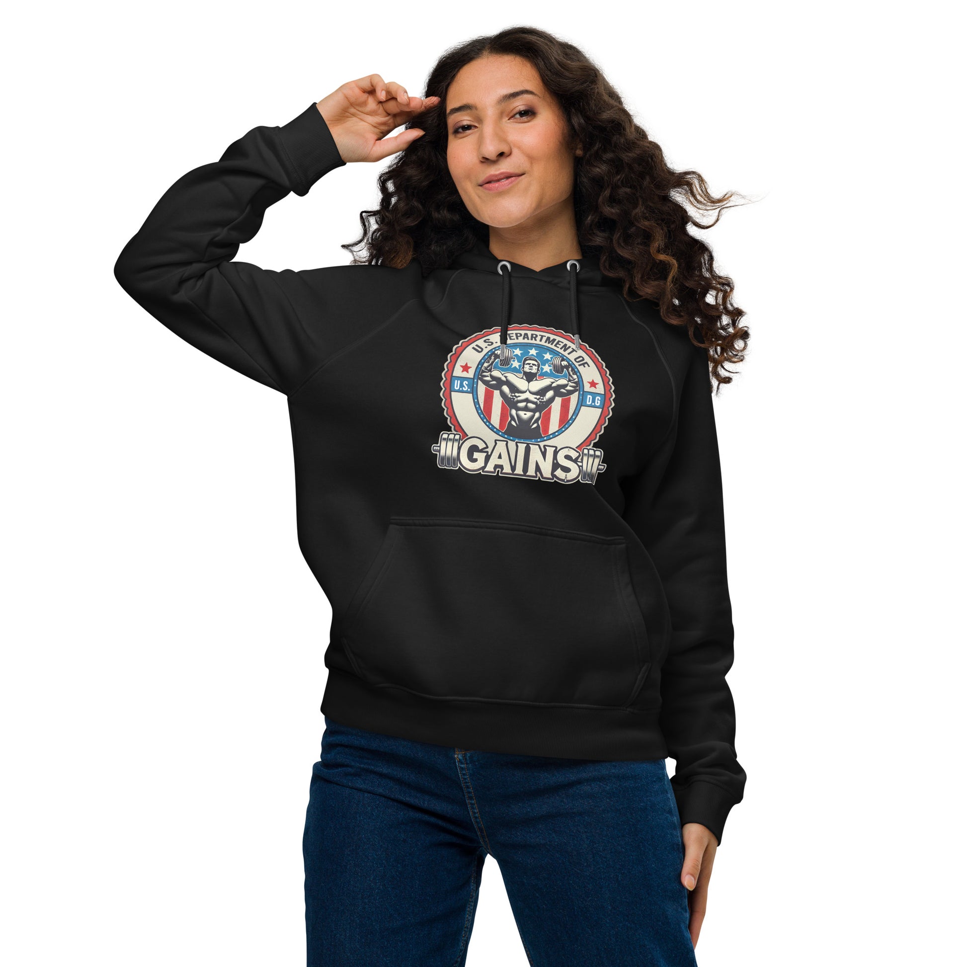 Bougie Boiz Clubs U.S. Department of Gains Unisex Raglan Hoodie features a dark gray oversized design with a muscular figure and barbell encircled by an emblem, the text U.S. Department of Gains on a USA flag motif, offering ultimate comfort for true patriots of the pump.