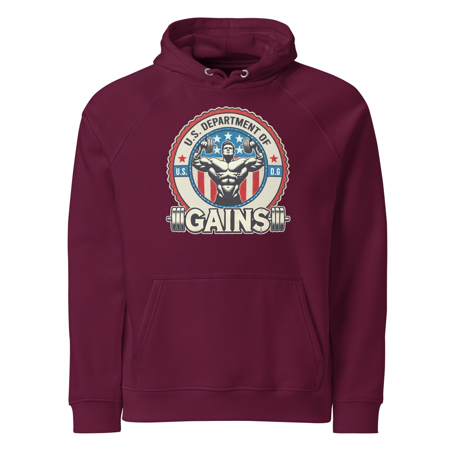 Bougie Boiz Clubs U.S. Department of Gains Unisex Raglan Hoodie features a dark gray oversized design with a muscular figure and barbell encircled by an emblem, the text U.S. Department of Gains on a USA flag motif, offering ultimate comfort for true patriots of the pump.