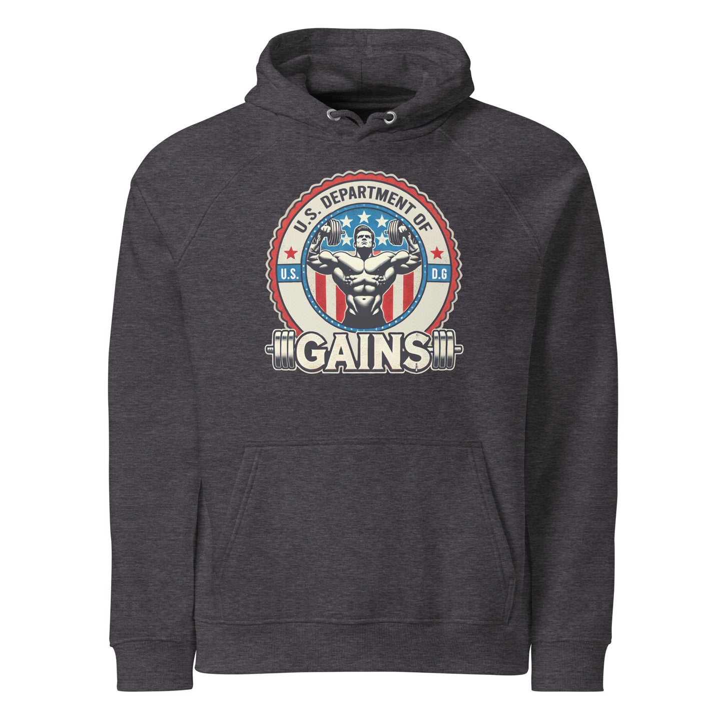 Bougie Boiz Clubs U.S. Department of Gains Unisex Raglan Hoodie features a dark gray oversized design with a muscular figure and barbell encircled by an emblem, the text U.S. Department of Gains on a USA flag motif, offering ultimate comfort for true patriots of the pump.