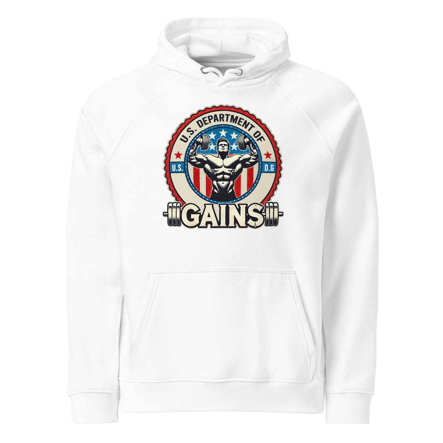 Bougie Boiz Clubs U.S. Department of Gains Unisex Raglan Hoodie features a dark gray oversized design with a muscular figure and barbell encircled by an emblem, the text U.S. Department of Gains on a USA flag motif, offering ultimate comfort for true patriots of the pump.