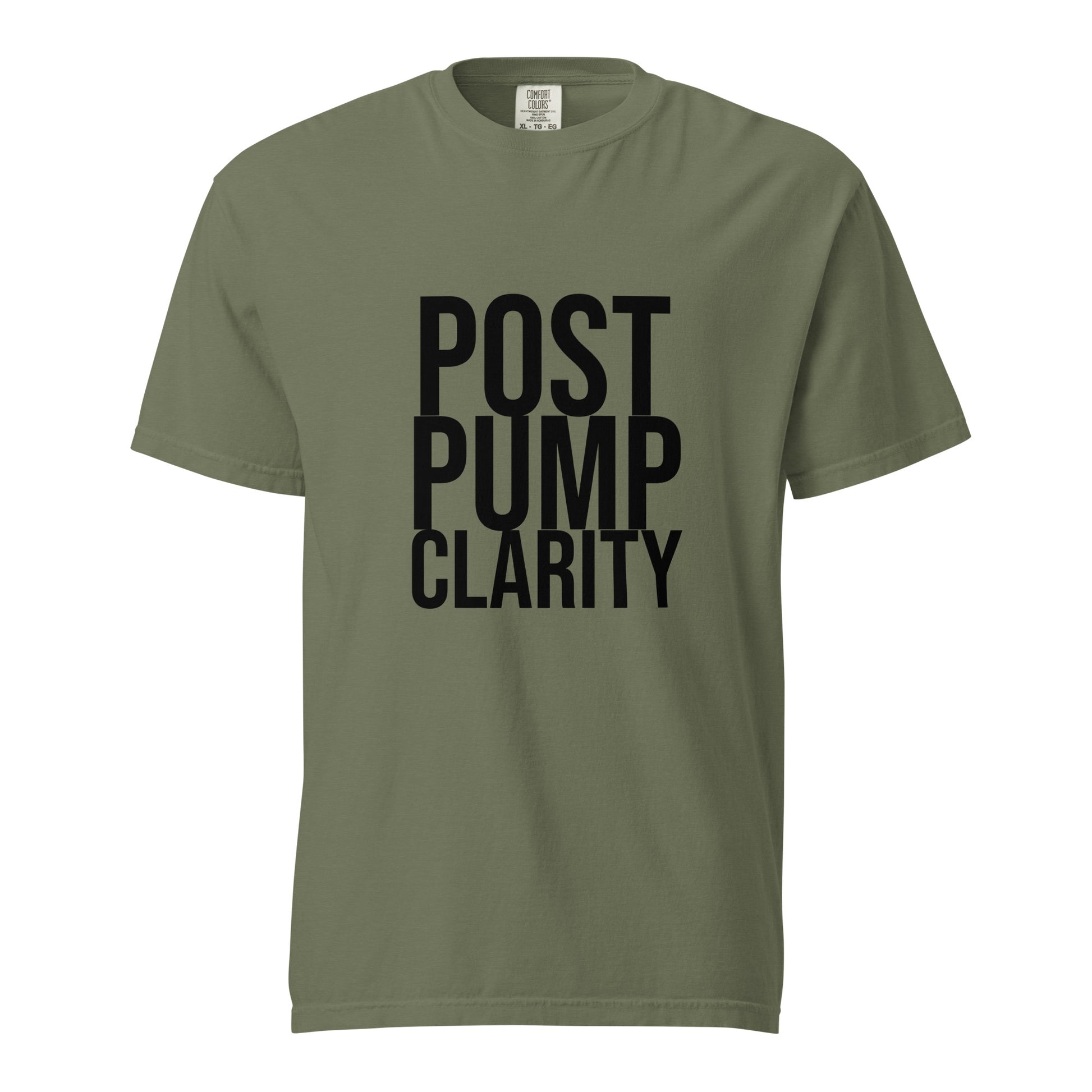 A person in a Bougie Boiz Clubs green Post Pump Clarity unisex T-shirt stands against a white background, smiling with one arm slightly bent.