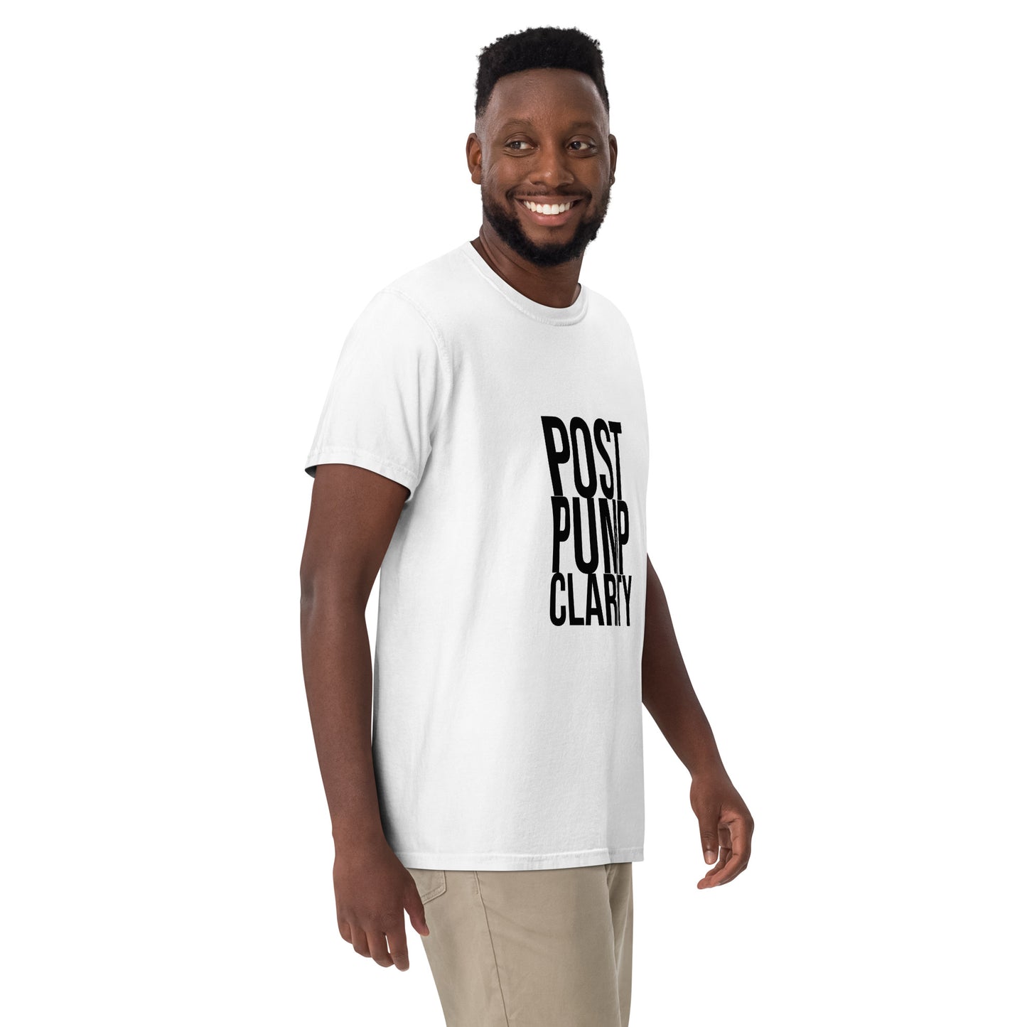 A person in a Bougie Boiz Clubs green Post Pump Clarity unisex T-shirt stands against a white background, smiling with one arm slightly bent.