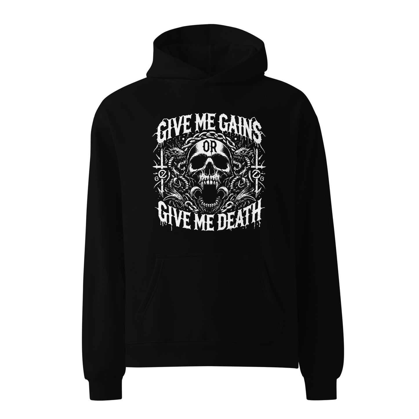 The Bougie Boiz Club Give Me Gains unisex oversized hoodie is black with a bold white design, featuring a central skull, wings, and intricate patterns. Perfect for gym days, it bears the text Give Me Gains or Give Me Death, showcasing an unapologetic attitude.