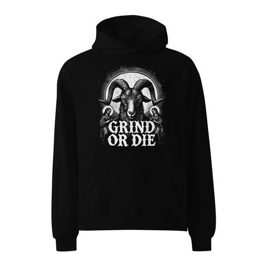 The Bougie Boiz Clubs unisex oversized black hoodie showcases a rams head graphic with large horns and features bold Grind or Die text, ideal for intense gym sessions.