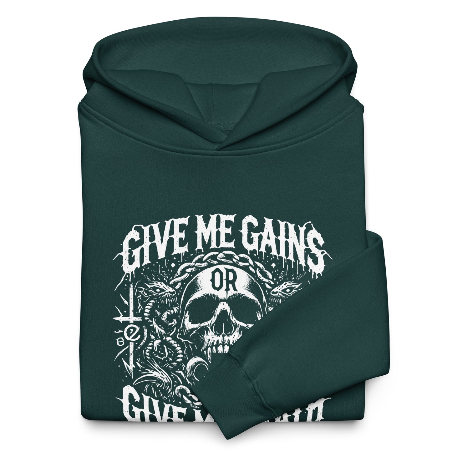 The Bougie Boiz Club Give Me Gains unisex oversized hoodie is black with a bold white design, featuring a central skull, wings, and intricate patterns. Perfect for gym days, it bears the text Give Me Gains or Give Me Death, showcasing an unapologetic attitude.