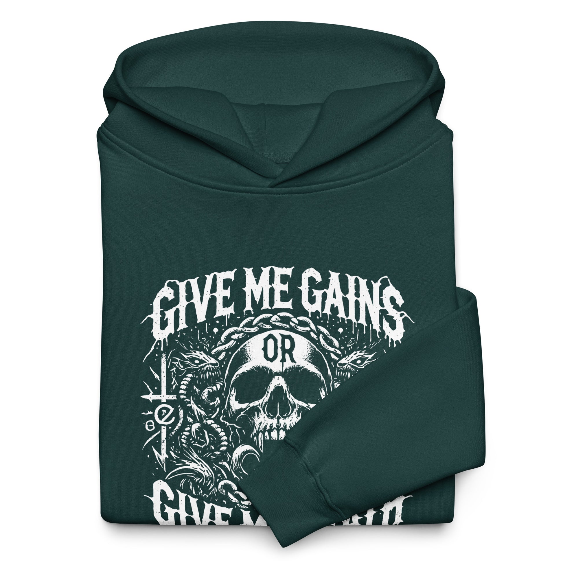 The Bougie Boiz Club Give Me Gains unisex oversized hoodie is black with a bold white design, featuring a central skull, wings, and intricate patterns. Perfect for gym days, it bears the text Give Me Gains or Give Me Death, showcasing an unapologetic attitude.