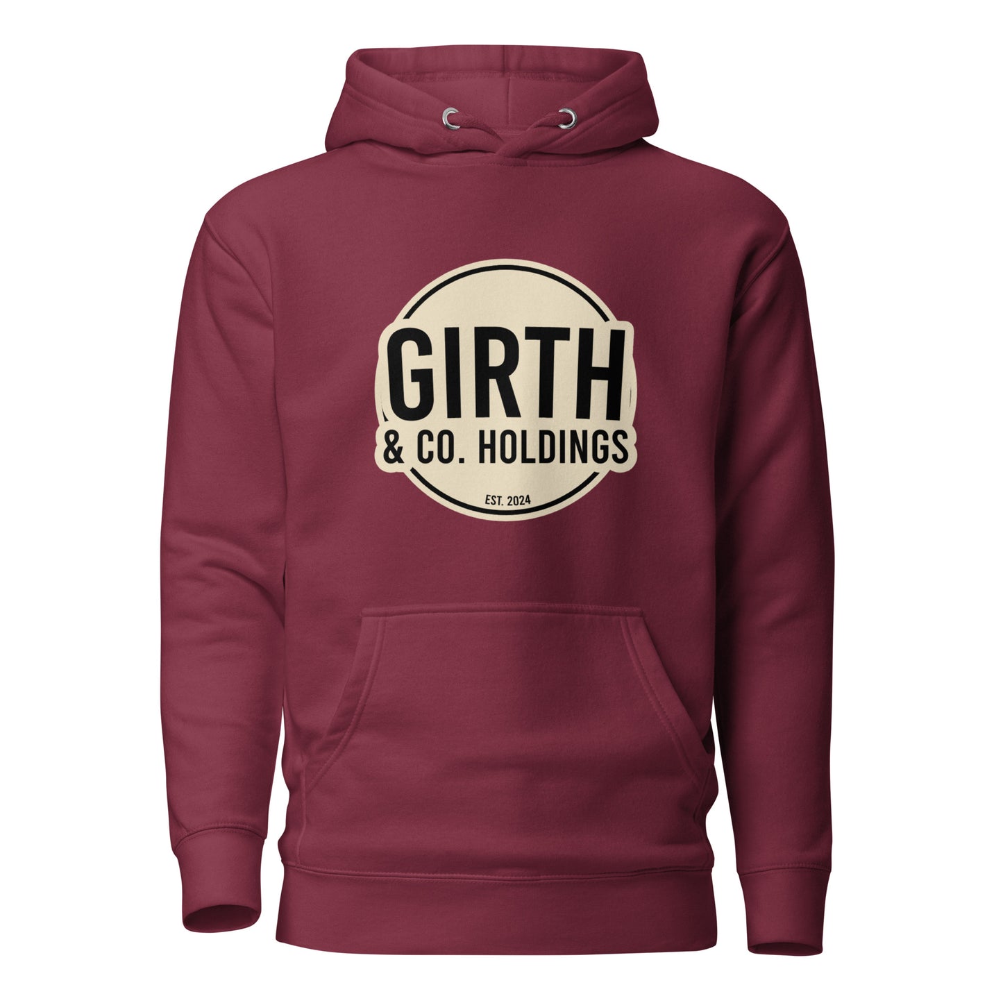 The Bougie Boiz Clubs maroon Girth & Co. - Unisex Hoodie features a circular logo with Girth & Co. Holdings and Est. 2024 in black and beige, a front pocket, and offers heavyweight confidence in an oversized fit.